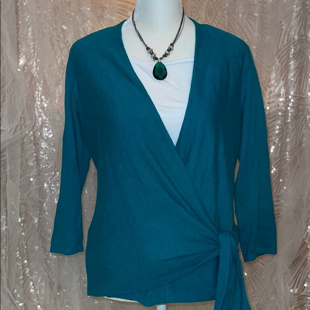 Teal faux wraparound tie waist sweater. Teal is the color for the fall season!!!